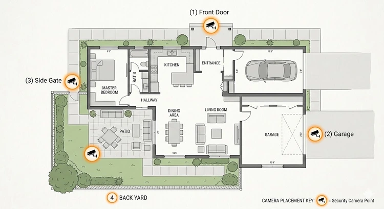 Home security camera mounted near a front door showing where to place home security cameras for full coverage