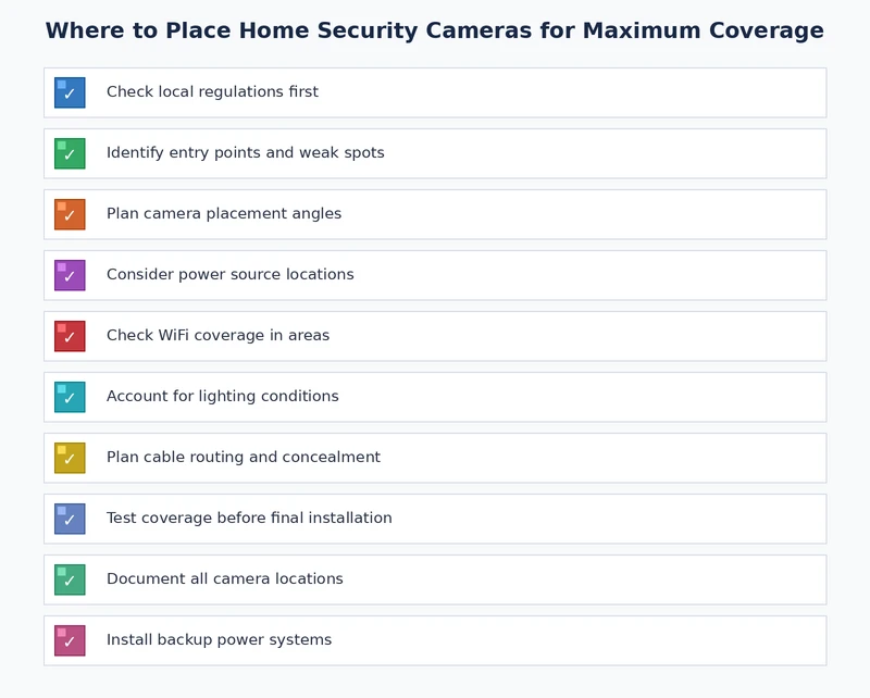 Checklist of camera placement steps for securing a home from exterior to interior