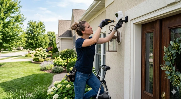 Beginner learning how to set up home security camera system mounted on exterior wall