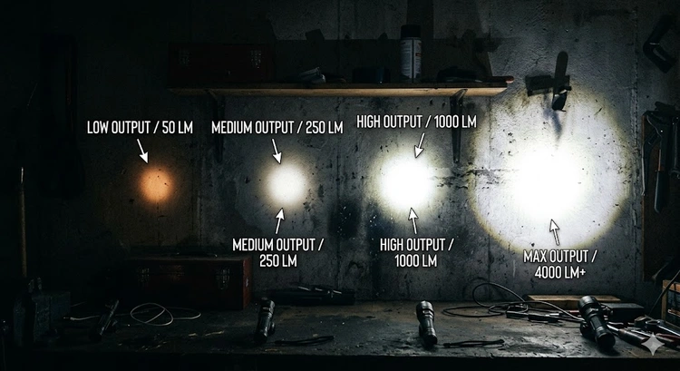 How many lumens flashlight comparison showing brightness levels from EDC keychain lights to high-output tactical models