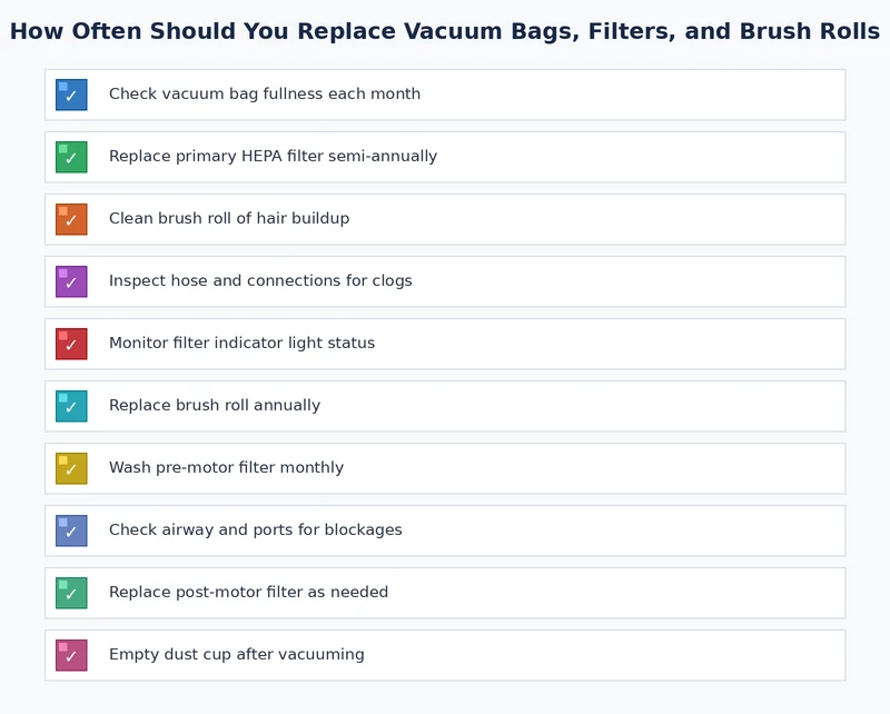 Checklist of monthly vacuum maintenance tasks for filters, bags, and brush rolls