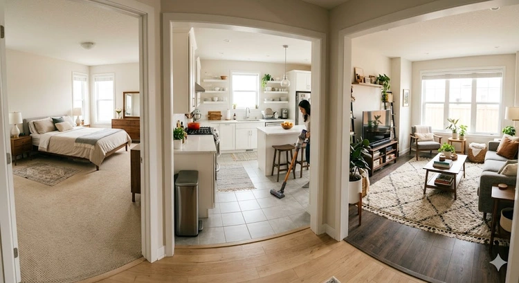 Person vacuuming a living room carpet showing how often should you vacuum high-traffic areas