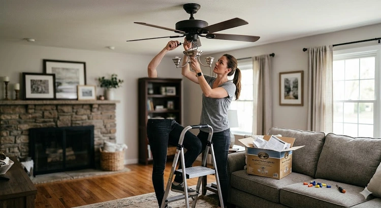 ceiling fan with light kit installed providing overhead illumination in a modern bedroom