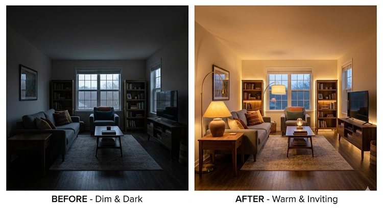 how to brighten a dark room without rewiring using plug-in floor lamps, mirrors, and LED bulbs
