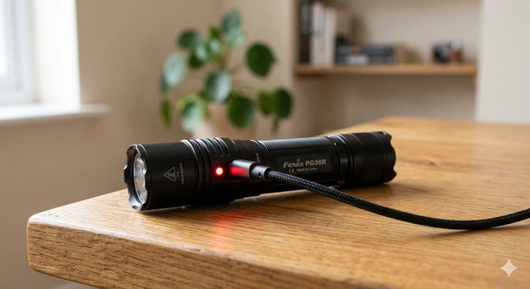 How to charge a rechargeable flashlight — USB-C cable connected to flashlight charging port