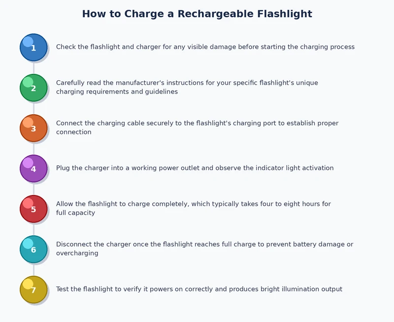 Step-by-step process diagram for charging a rechargeable flashlight via USB and external charger