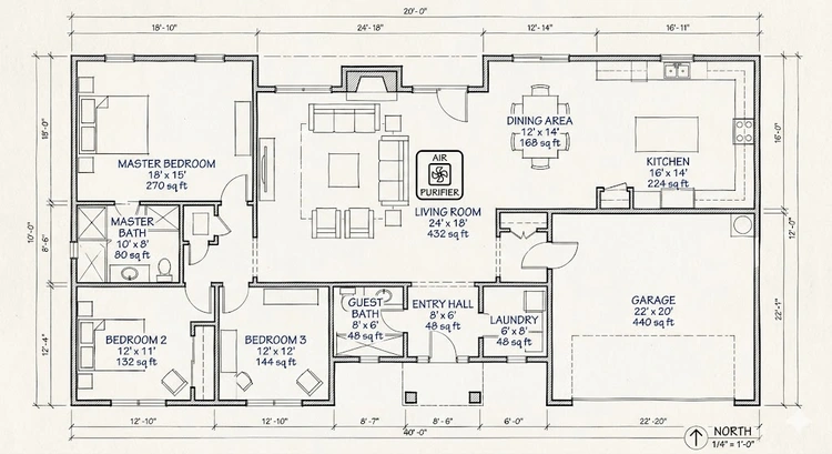 Air purifier positioned in a living room illustrating how to choose air purifier room size by matching coverage rating to square footage