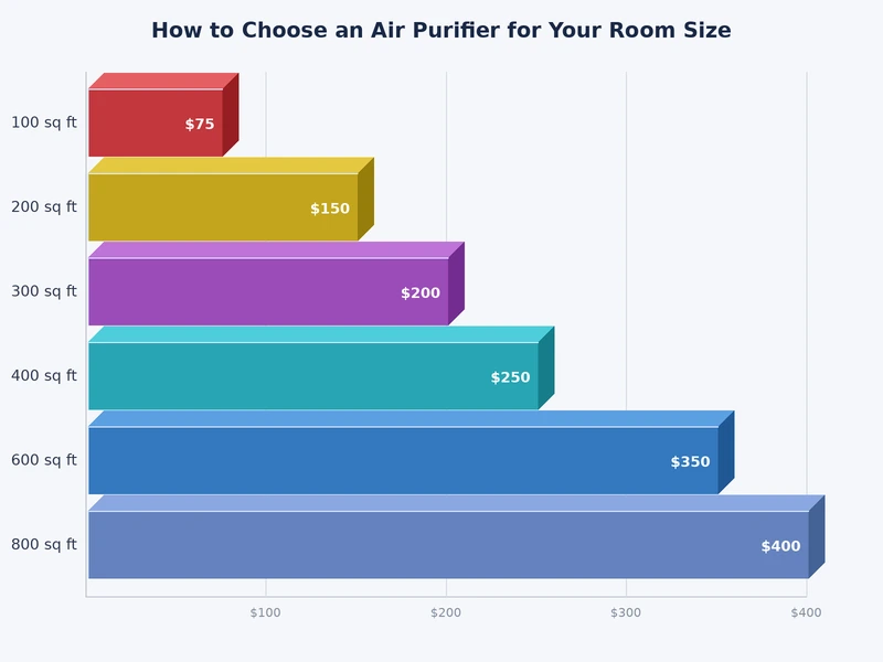 Chart comparing air purifier CADR ratings to recommended room size coverage in square feet across standard residential room categories