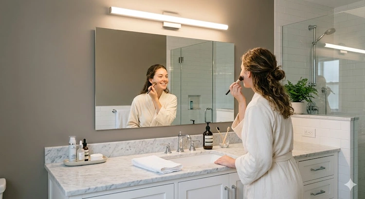 How to choose bathroom vanity lighting — wall-mounted sconces flanking a bathroom mirror above a white vanity