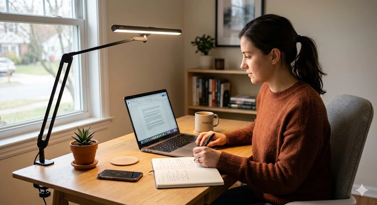 how to choose a desk lamp for home office — modern LED desk lamp on a wooden home office desk