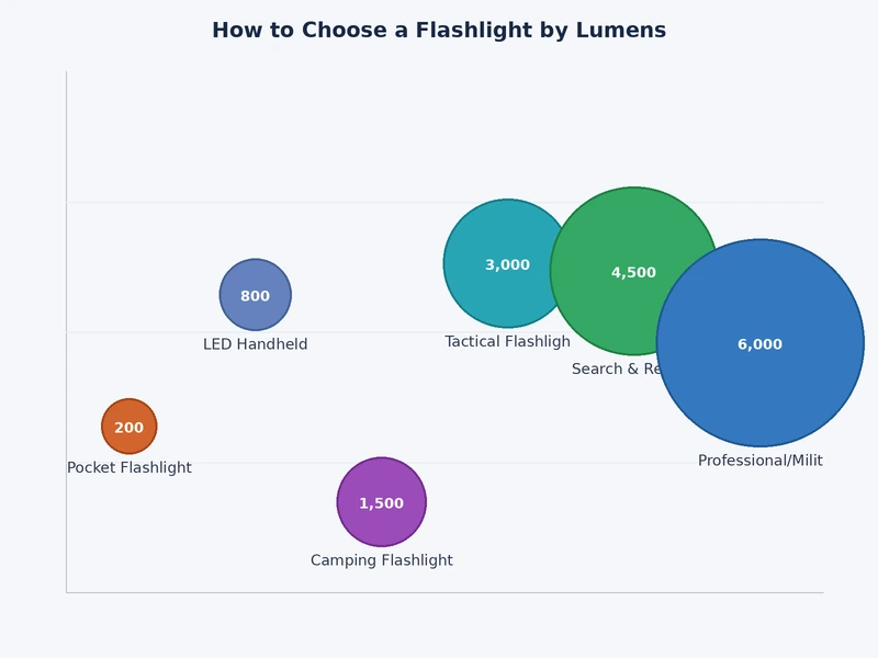bar chart comparing lumen output ranges for different flashlight use cases from 20 to 2000 lumens