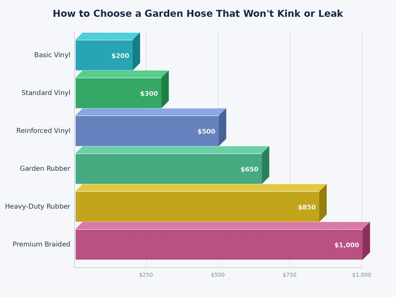 Chart comparing garden hose materials by kink resistance, weight, UV resistance, and expected lifespan