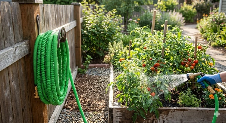 Best garden hose no kink coiled neatly on a patio reel