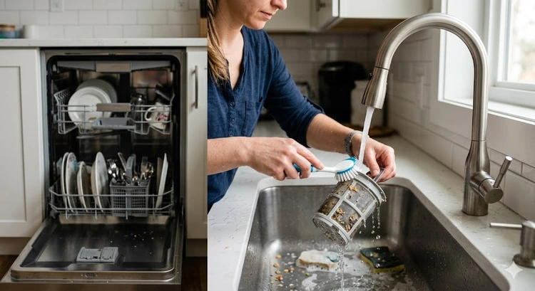 how to clean a dishwasher interior showing filter assembly, spray arms, and door gasket
