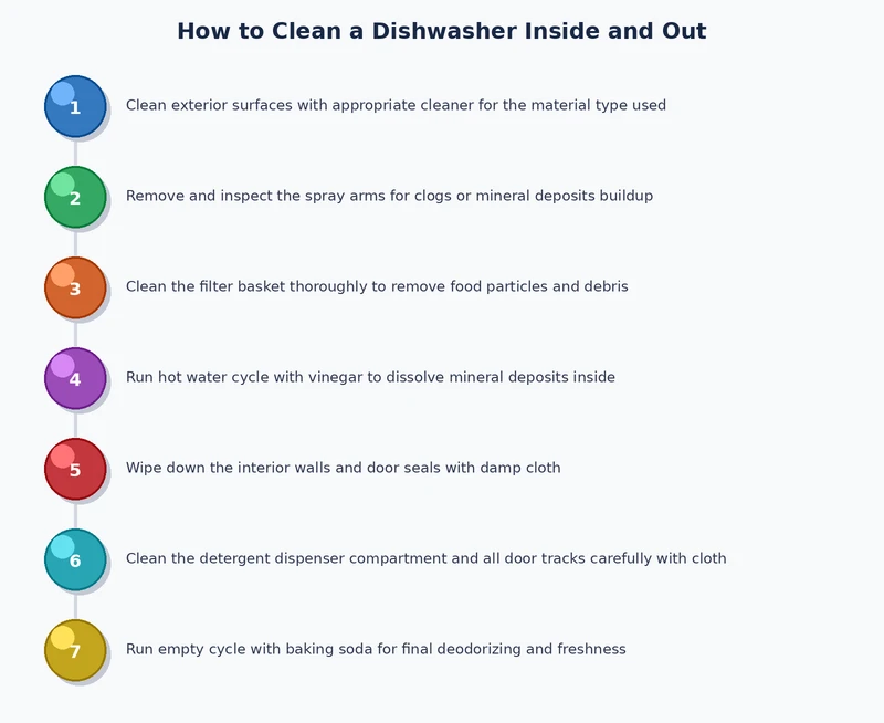 step-by-step process diagram showing how to clean a dishwasher from filter removal through vinegar cycle to exterior wipe-down