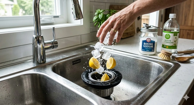 How to clean a garbage disposal using baking soda and vinegar at a kitchen sink