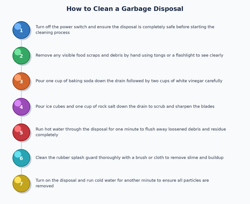 Process diagram illustrating step-by-step how to clean a garbage disposal from power-off to final flush