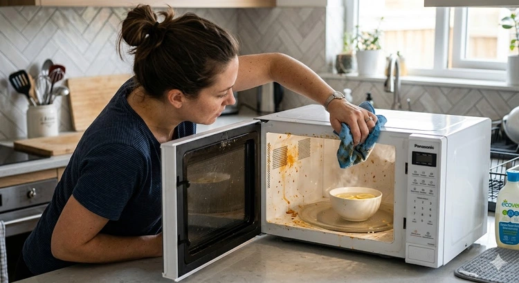 how to clean a microwave inside using the steam method with a bowl of water and white vinegar on the turntable