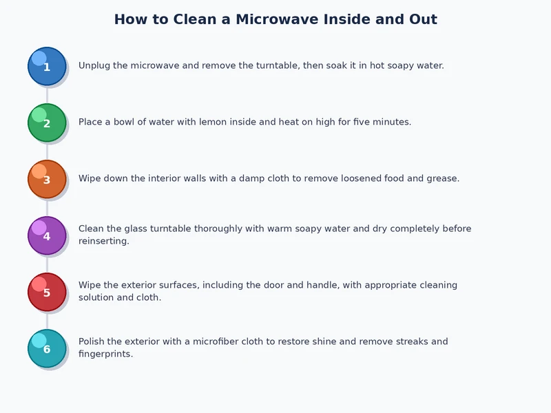step-by-step process diagram showing how to clean a microwave inside using the steam vinegar method across six numbered steps