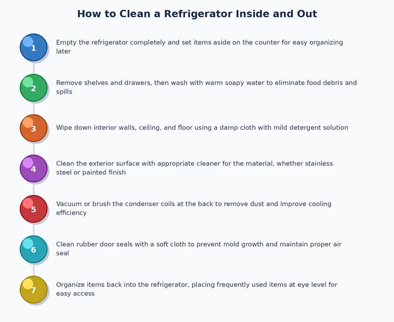 step-by-step process diagram for cleaning a refrigerator inside and out
