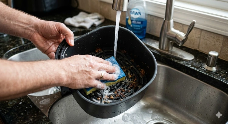 how to clean air fryer basket showing soft sponge, mild dish soap, and nonstick coating surface