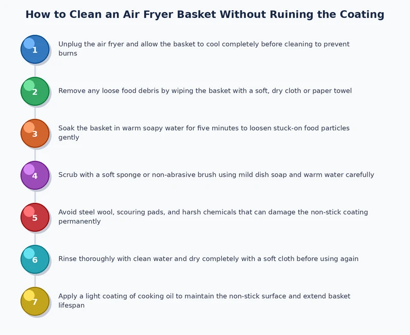 step-by-step process diagram for how to clean air fryer basket from cool-down through drying