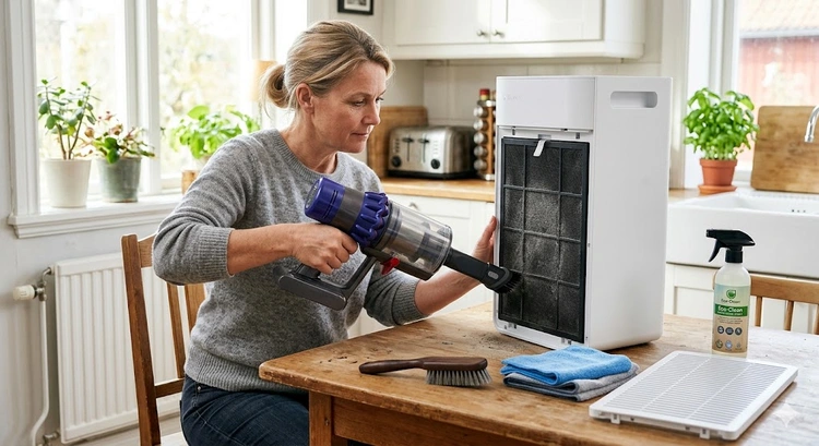 Cleaning an air purifier pre-filter with a soft brush attachment to restore peak airflow