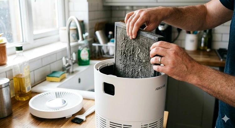 how to clean air purifier filter showing disassembled unit with HEPA filter removed on a clean surface