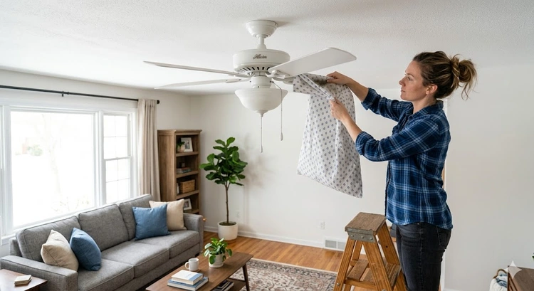 how to clean ceiling fans using the pillowcase method on wooden blades