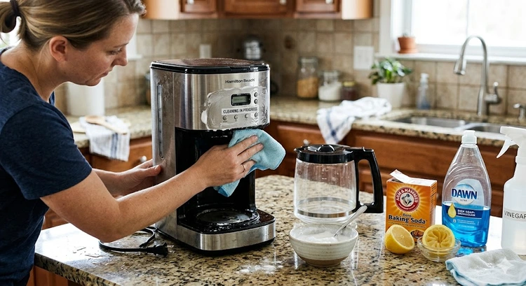baking soda and lemon juice arranged on a kitchen counter for cleaning a coffee maker without vinegar