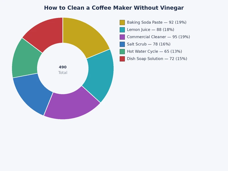 comparison chart showing vinegar-free coffee maker cleaning methods ranked by descaling power cost and rinse requirements