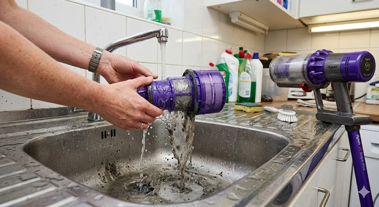 How to clean a Dyson vacuum filter under cold running water at a sink