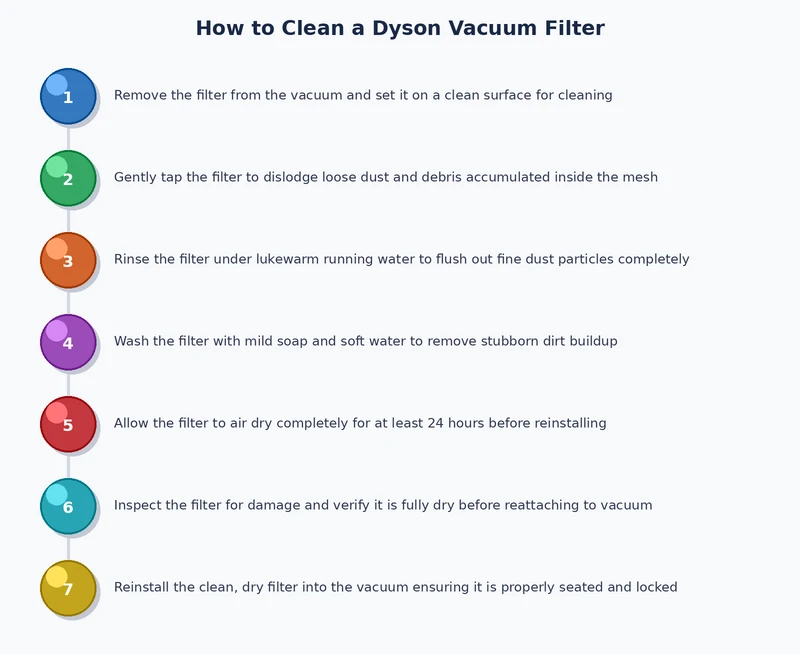 Dyson vacuum filter cleaning process diagram showing wash, squeeze, and dry steps