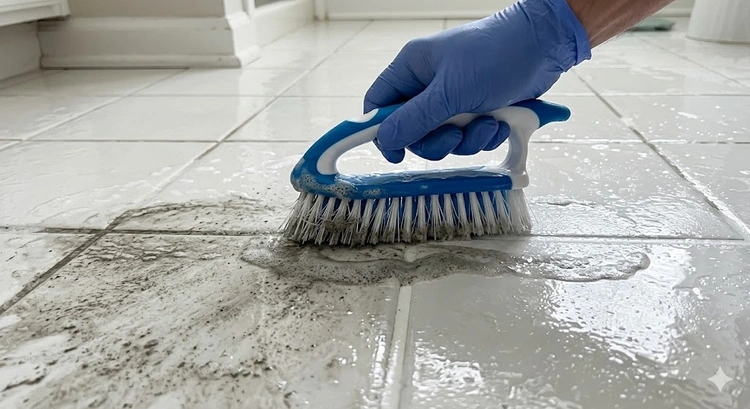 how to clean grout between tiles using a stiff nylon brush and oxygen bleach solution