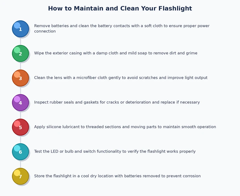 Flashlight cleaning and maintenance process diagram showing disassembly, component treatment, lubrication, and reassembly steps