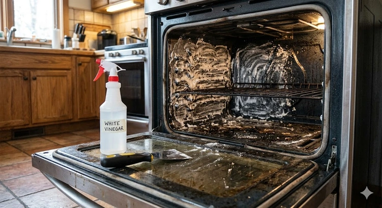 thick baking soda paste spread across oven interior walls demonstrating how to clean oven without chemicals