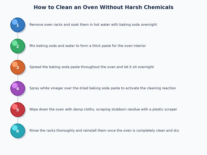 five-step process diagram for how to clean oven without chemicals from prep through final rinse