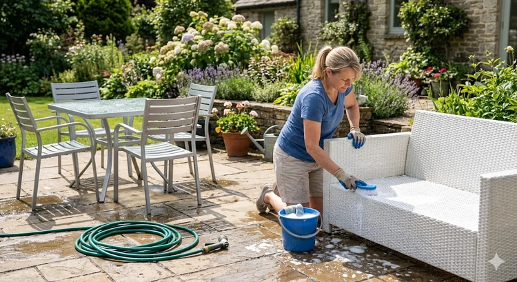 How to clean patio furniture with soap and water on a sunny patio