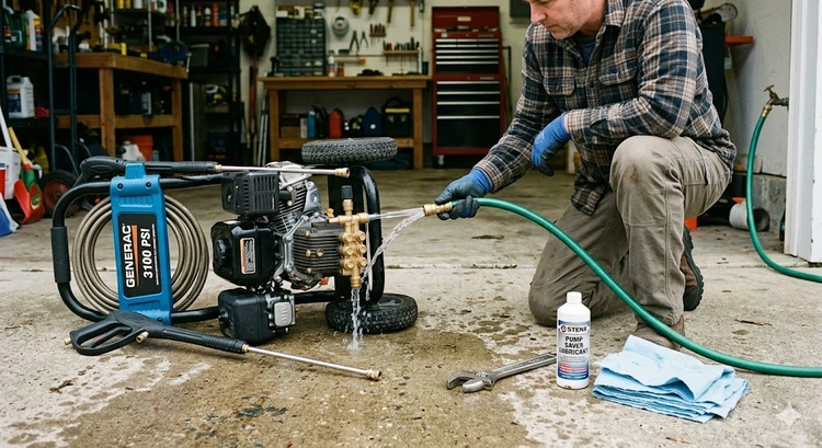 Pressure washer pump and hose connections showing how to clean and maintain pressure washer components