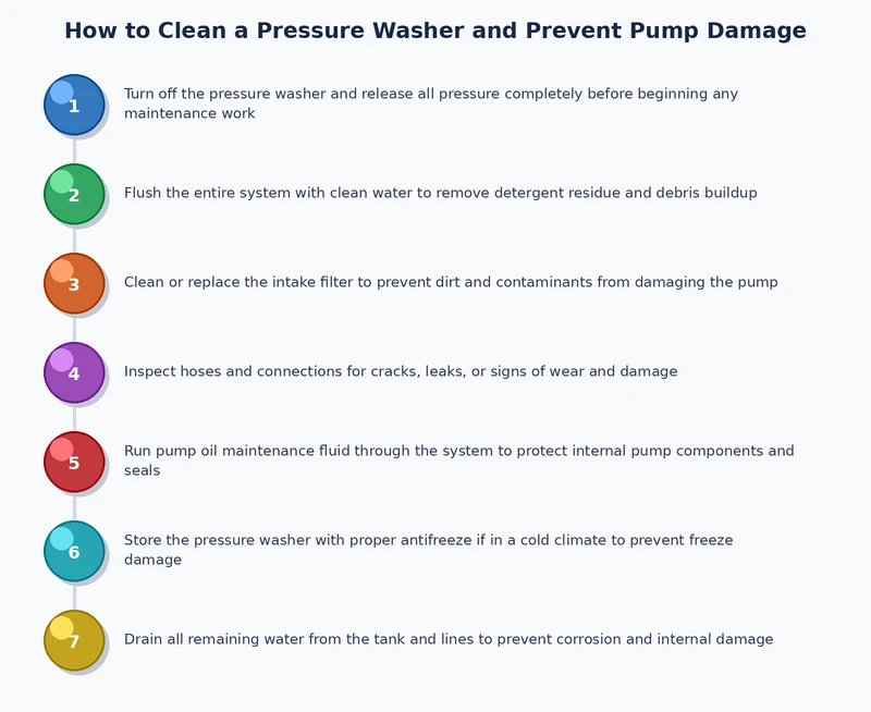 Step-by-step process diagram showing the post-use pressure washer cleaning and maintenance routine