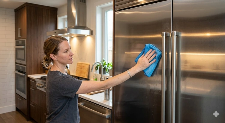 Cleaning stainless steel appliances without streaks using a microfiber cloth wiped along the grain