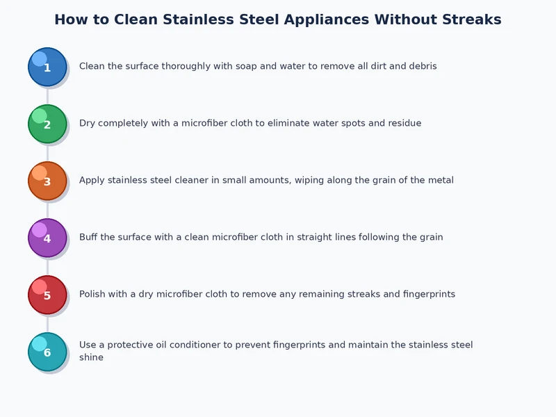 Step-by-step process diagram showing how to clean stainless steel appliances from grain identification to mineral oil finish