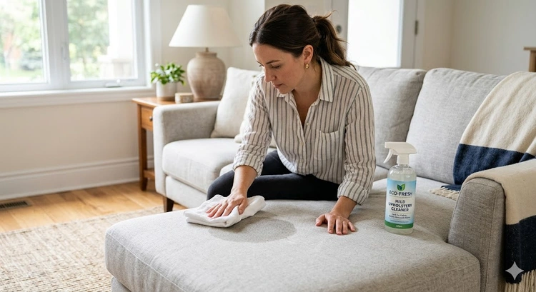 How to clean upholstery at home — soft-bristle brush and mild solution applied to fabric sofa cushion