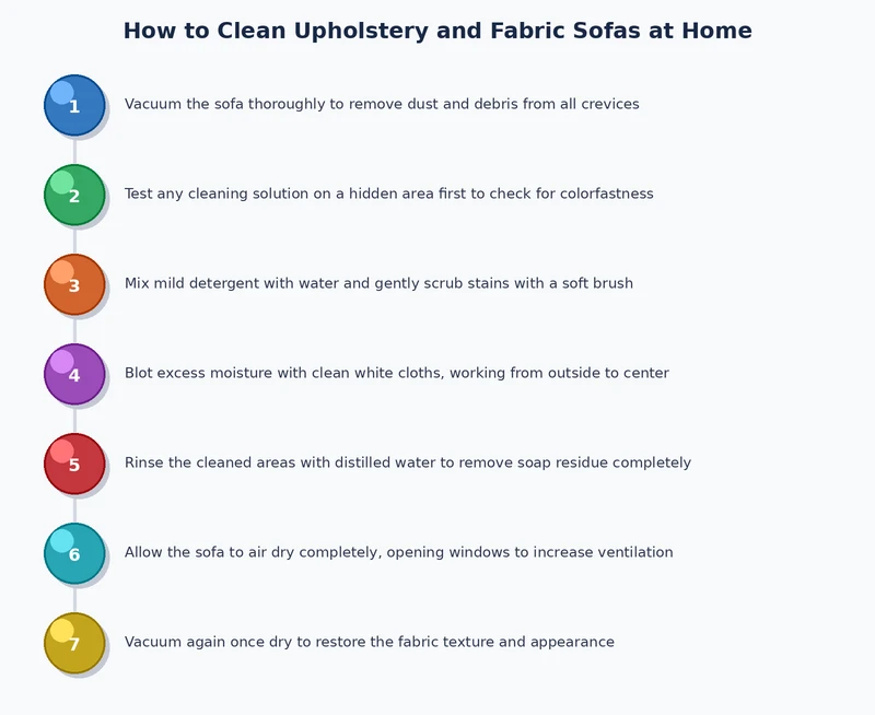 Step-by-step upholstery cleaning process diagram showing vacuuming, pre-treating, washing, rinsing, and drying stages