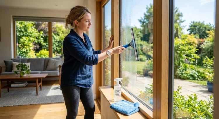 how to clean windows without streaks using a squeegee and microfiber cloth on a large pane