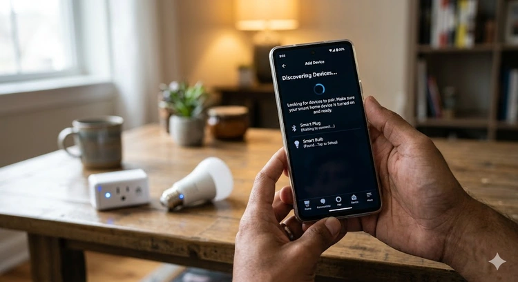 Alexa app showing how to connect smart home devices to alexa on a phone screen next to an Echo speaker