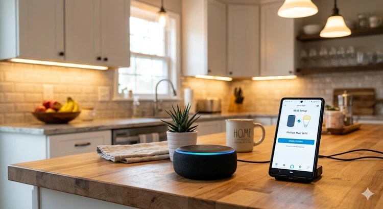 Smart home devices arranged near an Amazon Echo showing how to connect smart home devices to Alexa