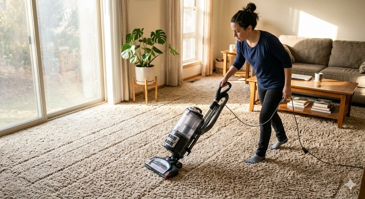 Vacuum deep cleaning a plush carpet with visible dirt extraction