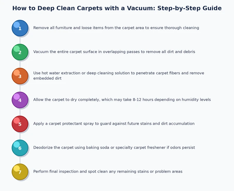 Seven-step process diagram for deep cleaning carpets with a vacuum