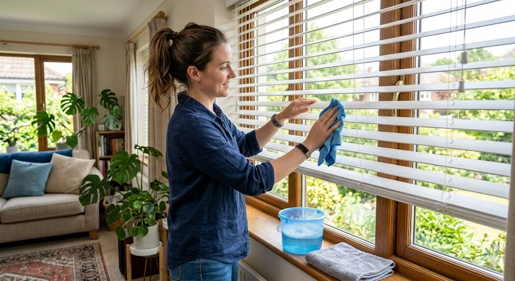 Deep cleaning window blinds without taking them down using a microfiber cloth on aluminum slats